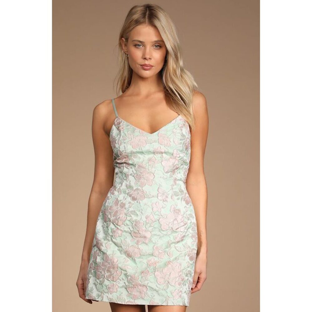 Lulus Never-ending Love Mint Floral Jacquard Sleeveless Mini Dress Green